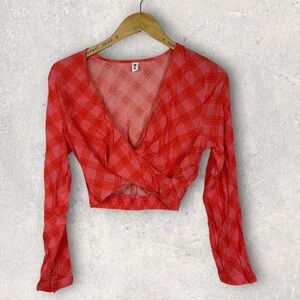 NEW 2021 Nordstrom Surplice V-Neck Crop Top Orange Plaid Size‎ Small Long Sleeve